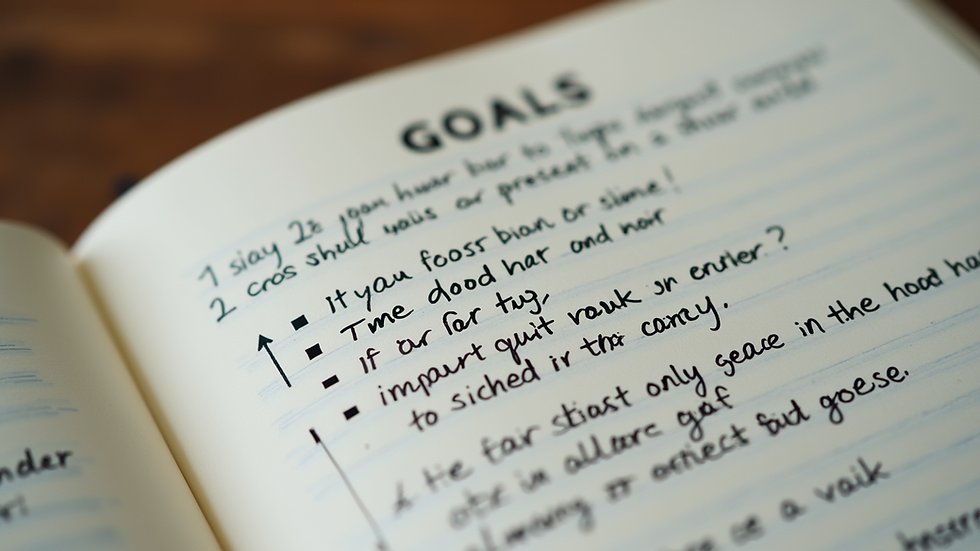 Close-up view of a notebook with handwritten goals and motivational quotes