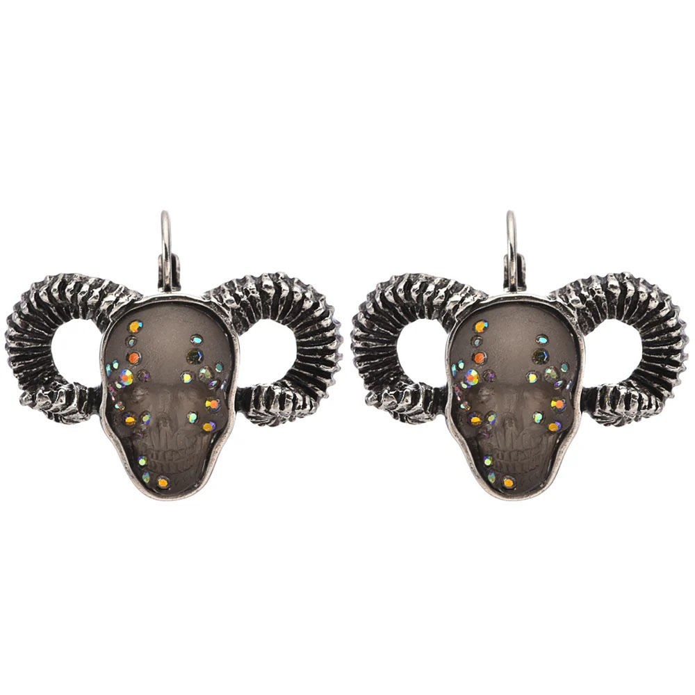 Kirks Folly McQueen Ram Skull Leverback Earrings silver ox stormy grey