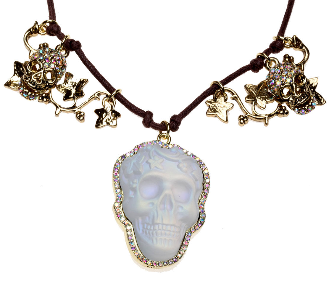 Kirks Folly Glass Dream Skull and Leaf Corded Necklace goldtone