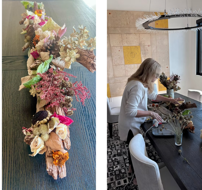 Custom dried flower and driftwood centerpiece. Finished piece and designer constructing the piece.