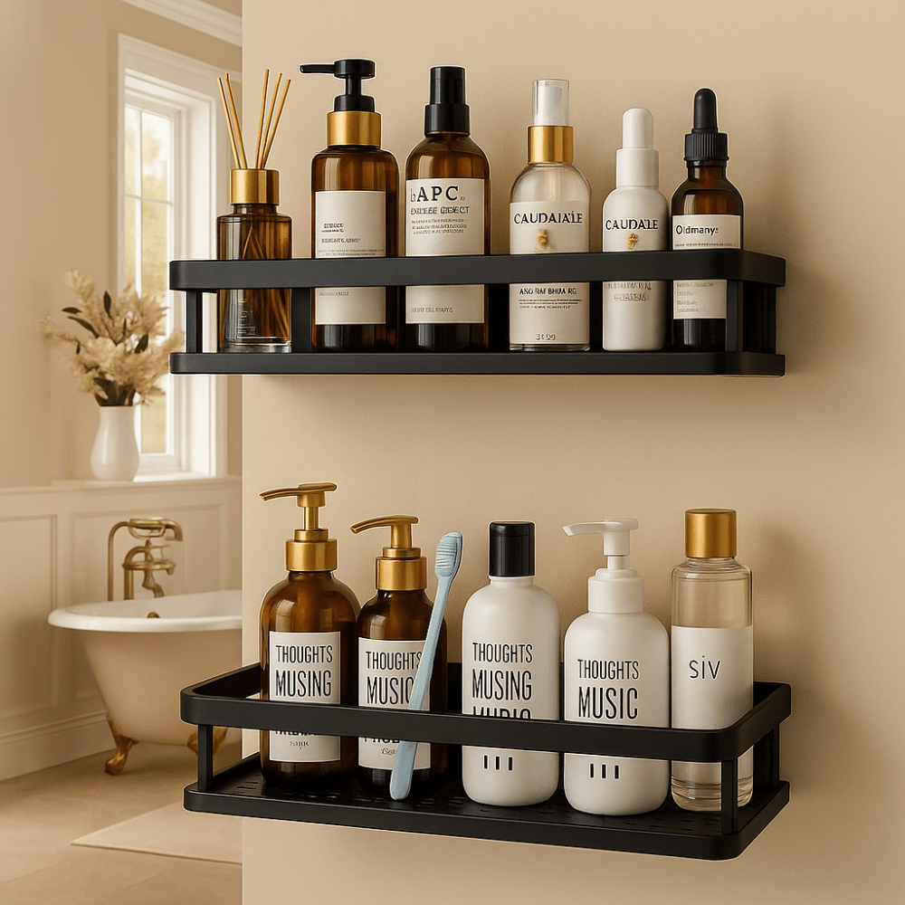 Black Aluminum Shower Caddy – Modern Wall-Mounted Rack