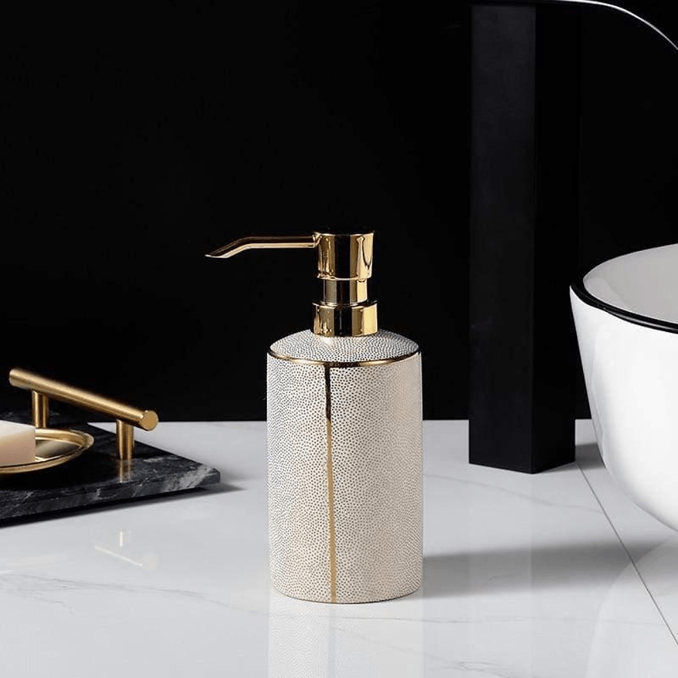 Thumbnail: 4-Piece Ceramic Bathroom Accessory Set with Gold Accents