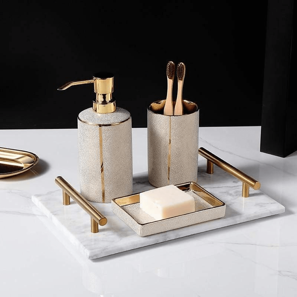 Thumbnail: 4-Piece Ceramic Bathroom Accessory Set with Gold Accents