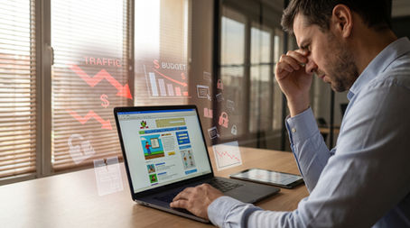 Reklam bütçesi harcanmasına rağmen güven vermeyen bir web sitesi nedeniyle dönüşüm alınamamasını anlatan modern dijital pazarlama konsepti. Görselde laptop ekranı, düşük dönüşüm grafikleri ve boşa akan reklam trafiği hissi öne çıkar.