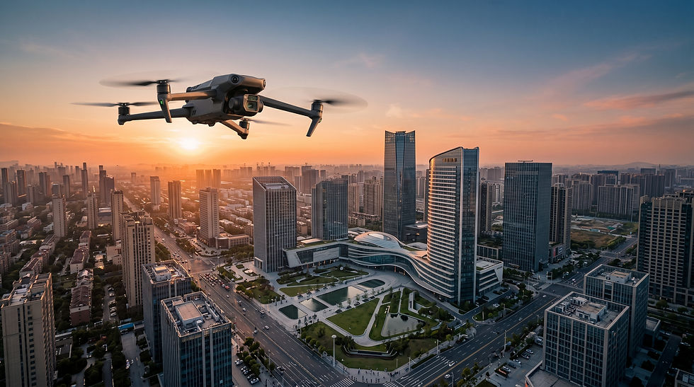 Havadan çekilmiş modern şehir manzarasında, gökyüzünde süzülen drone ve aşağıda dikkat çekici bir işletmenin sinematik ve profesyonel görünümü.