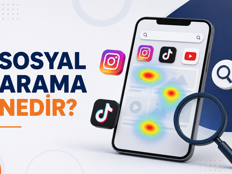 Sosyal arama kavramını anlatan, Instagram, TikTok ve YouTube ikonlarıyla birlikte mobil arama ekranı ve büyüteç görseli bulunan modern blog kapağı.