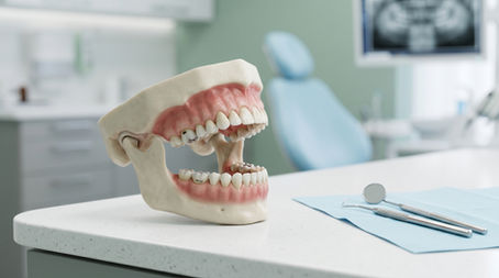 Çene ağrısı ve diş problemleri arasındaki bağlantıyı anlatan, diş modeli, çene yapısı ve dental ekipmanlarla hazırlanmış klinik konsept görseli.