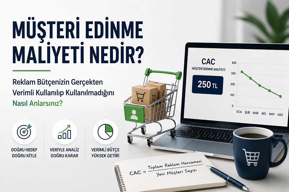 Müşteri edinme maliyetini anlatan, alışveriş sepeti, dizüstü bilgisayar ve düşen CAC grafiği içeren dijital pazarlama blog kapağı.