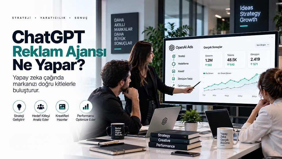 ChatGPT reklam ajansının strateji geliştirme, hedef kitle analizi, kreatif hazırlama, dönüşüm takibi ve performans optimizasyonu süreçlerini gösteren modern dijital pazarlama görseli.