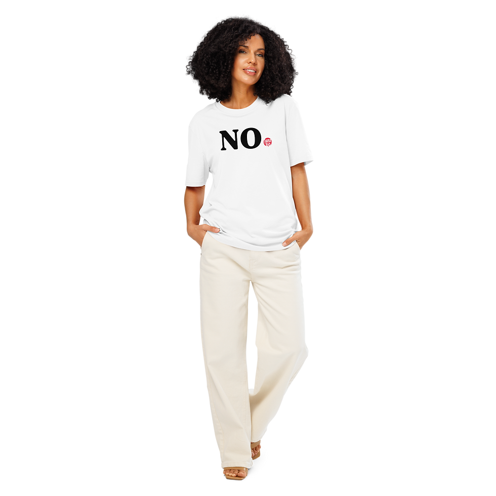 Model wearing white 'NO' T-shirt
