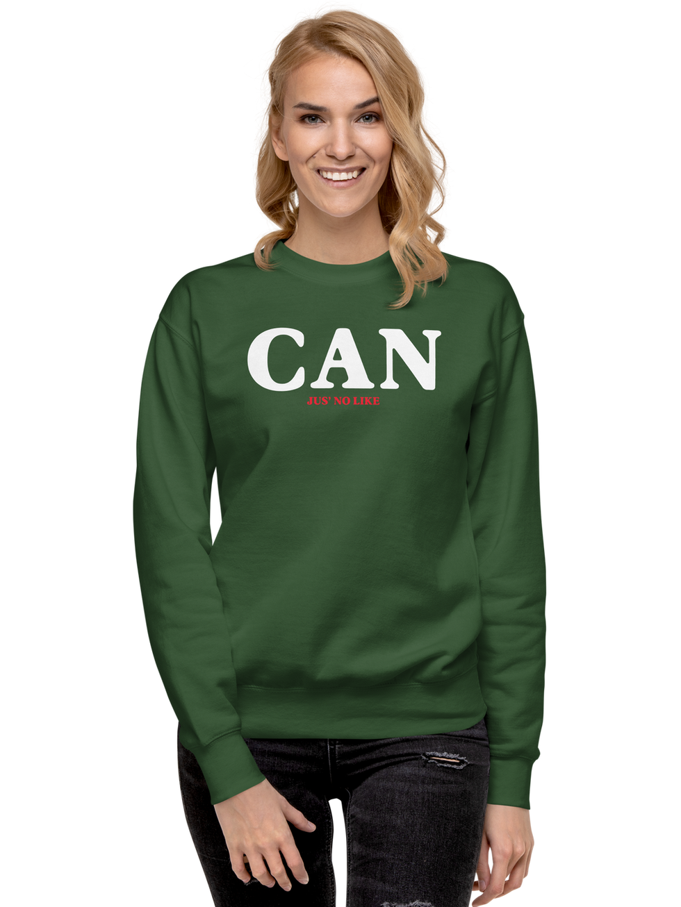 Woman modeling CAN sweatshirt
