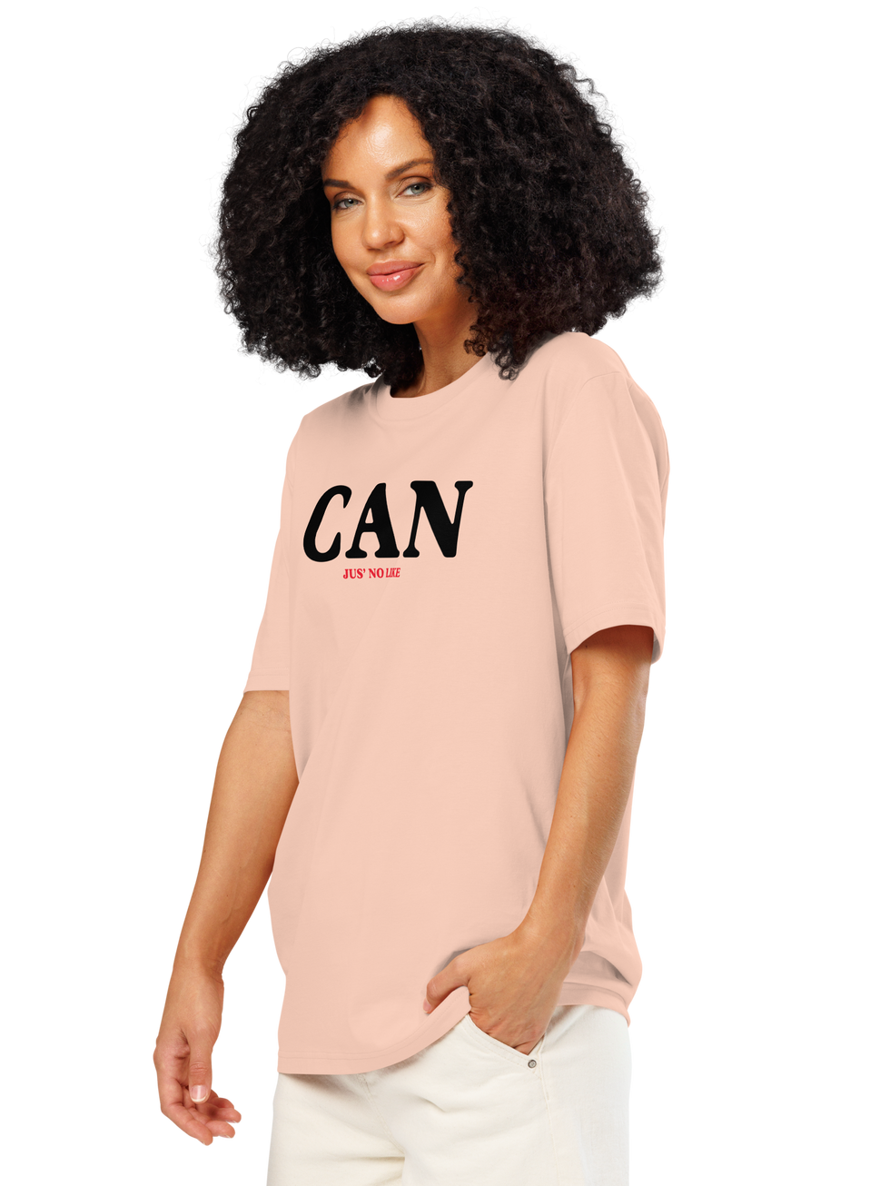 Woman in pink "CAN" shirt