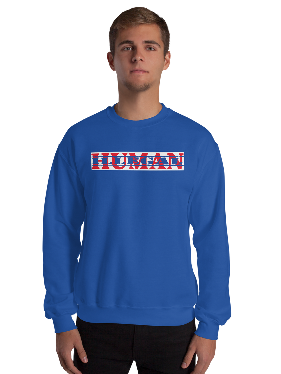 Model wearing blue HUMAN unisex sweatshirt