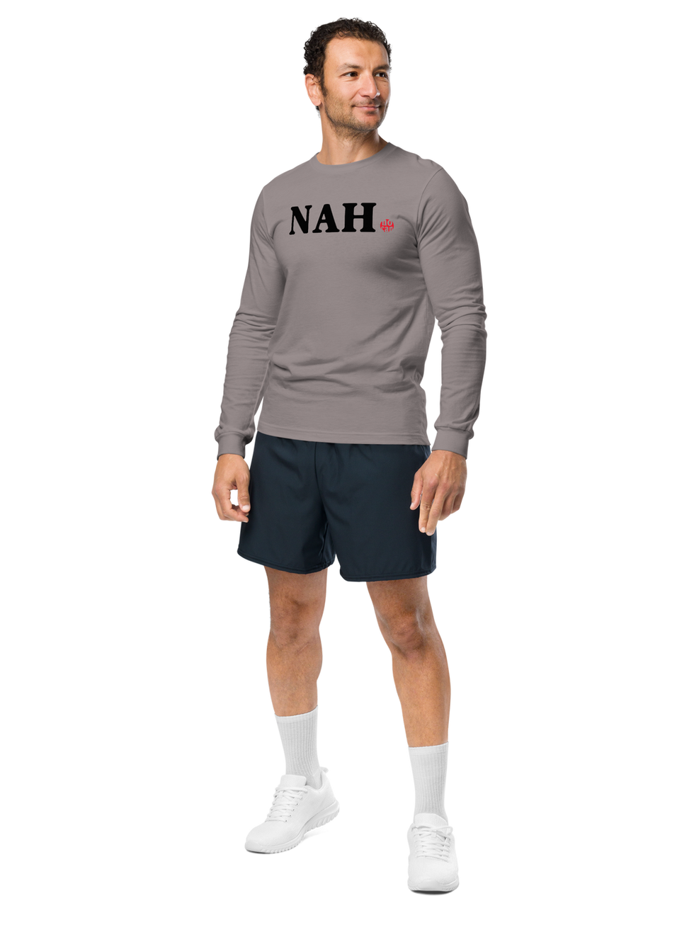 Man modeling NAH (NO CAN) gray unisex long-sleeve shirt
