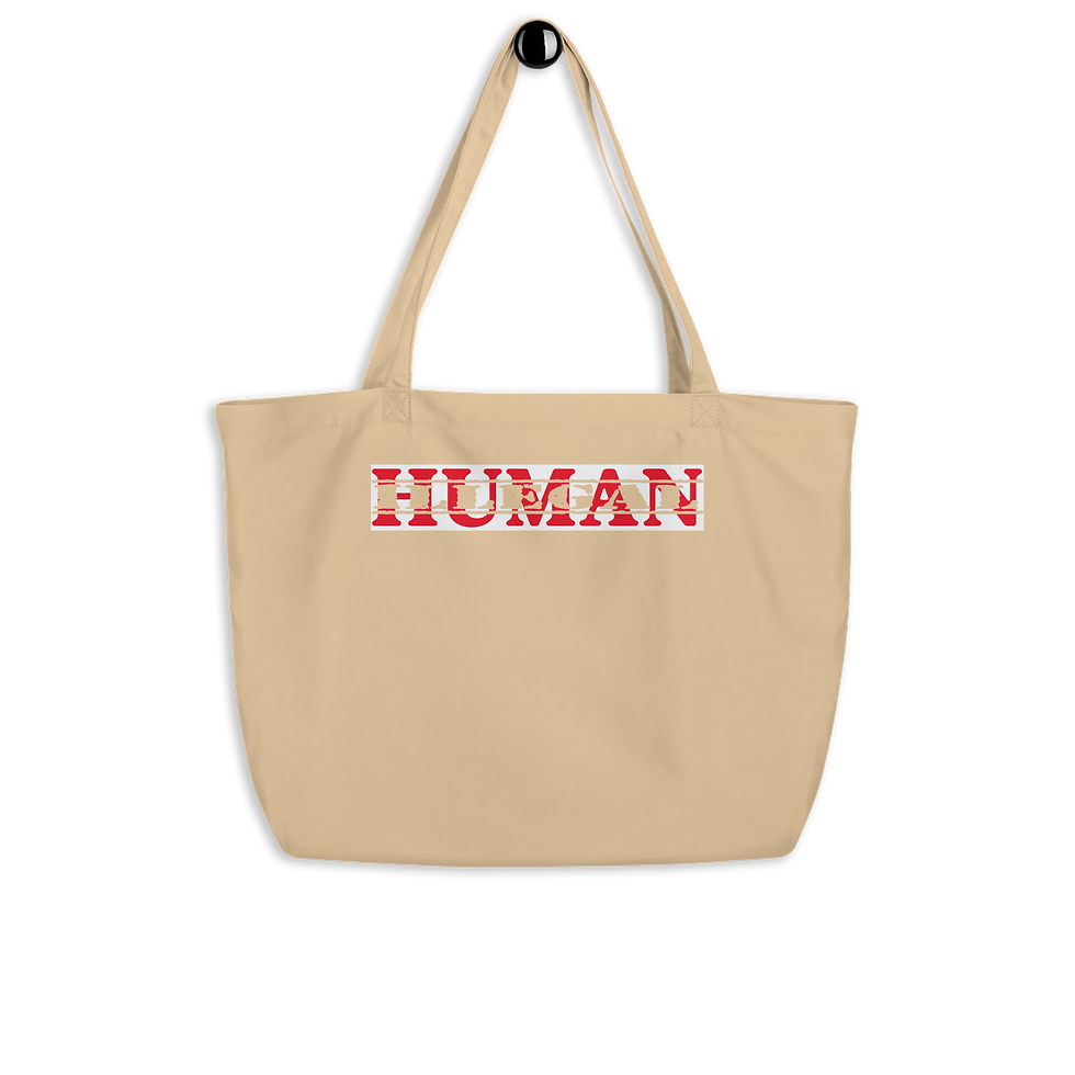 Large beige tote bag with red "HUMAN" print