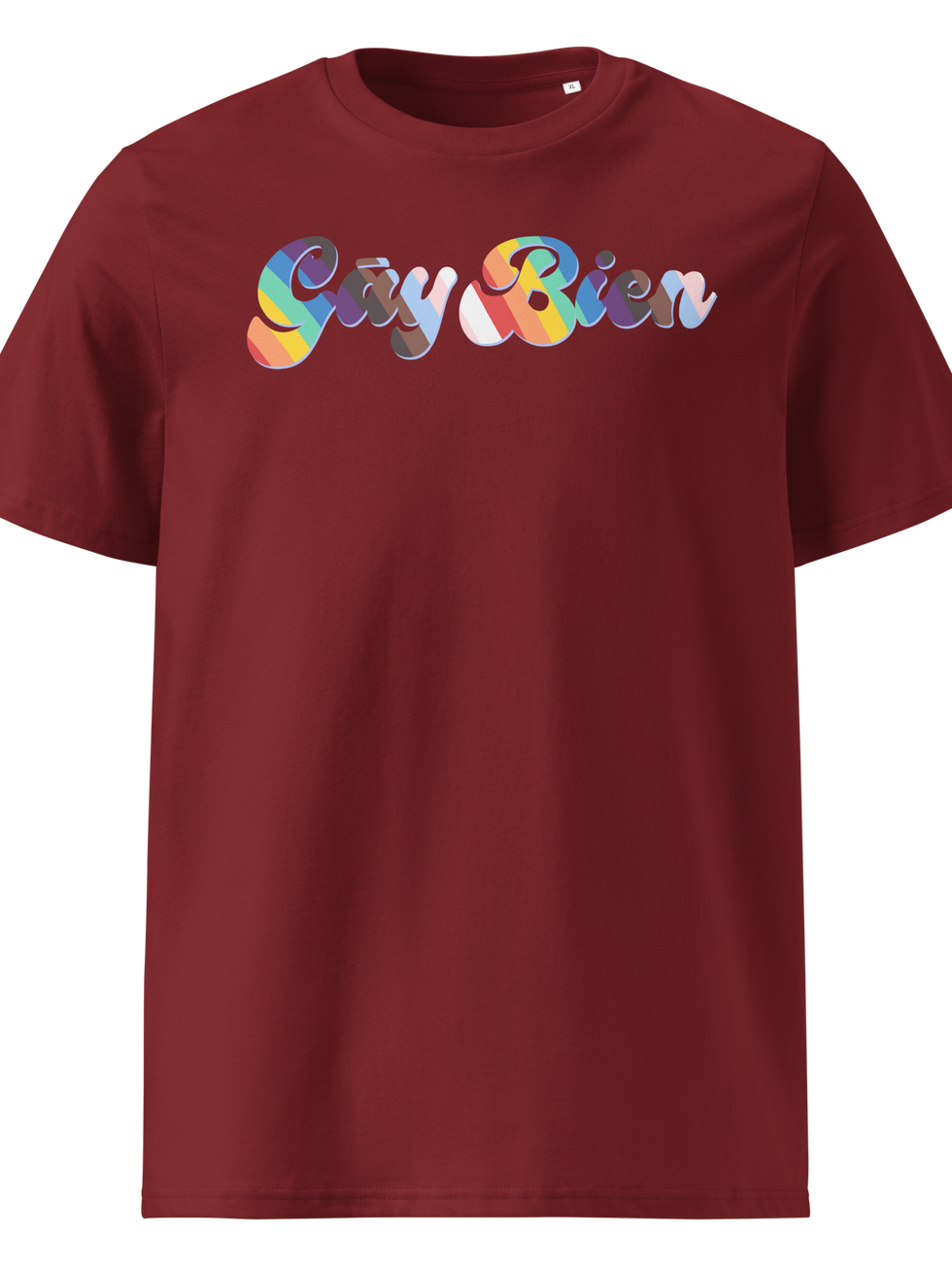 Unisex organic t-shirt with "Gay Bien" in rainbow lettering
