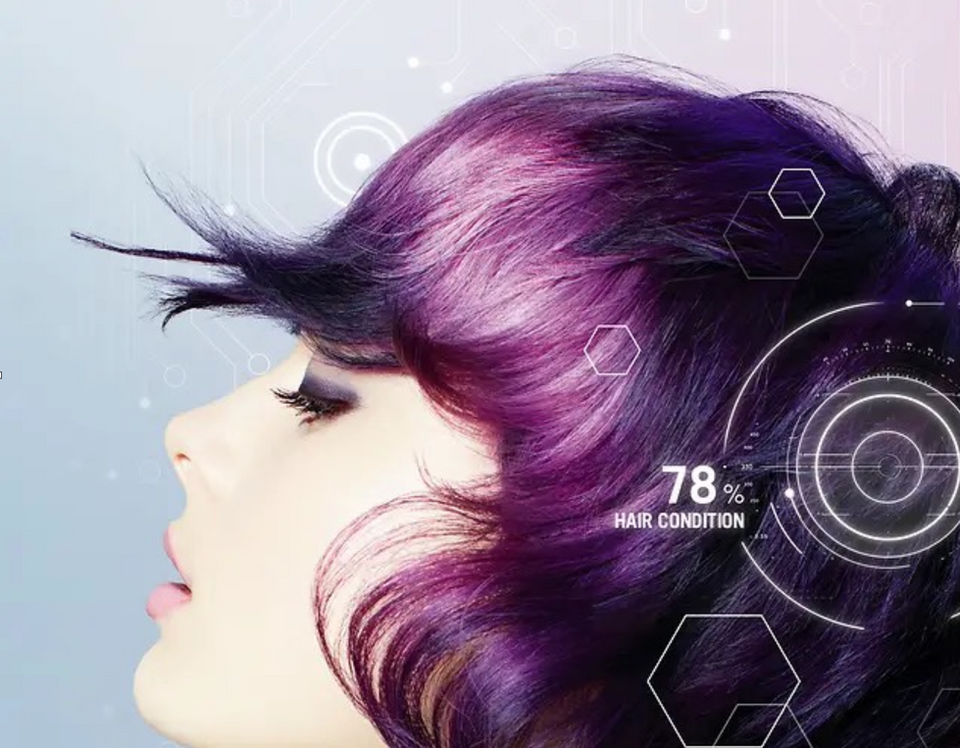 Woman with purple hair, and hair diagnostics 