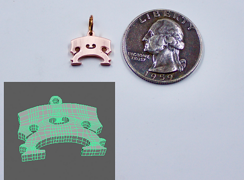 3d model that was 3d printed into a copper charm of a bridge