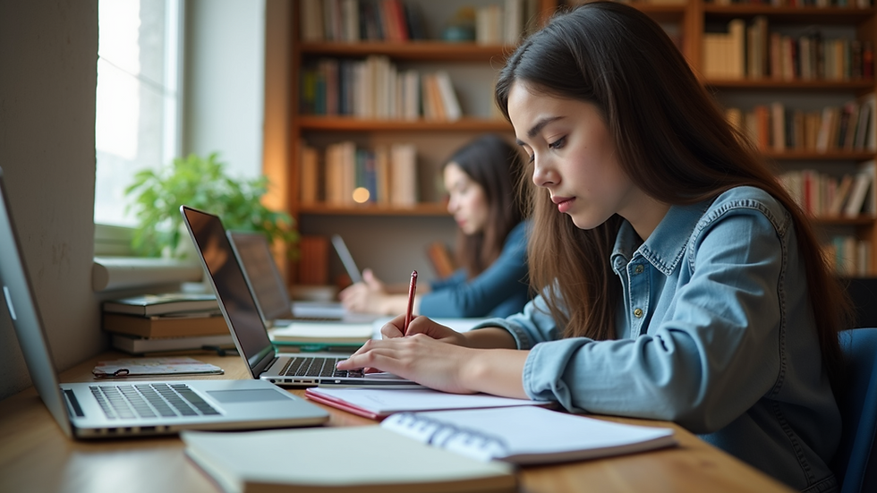 Eye-level view of a student studying with a laptop and books