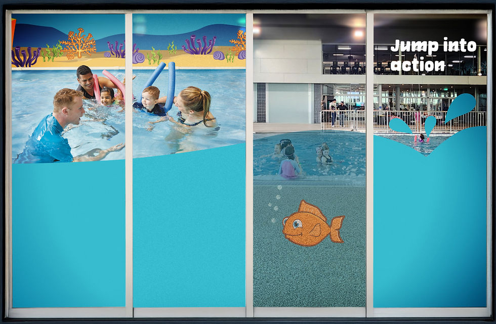 Window graphic examples: block-out vinyl, clear film, frost film, double-sided coloured vinyl.