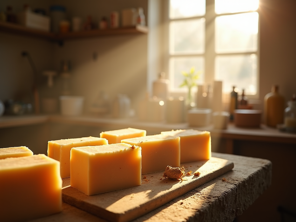 A warm, inviting workshop scene with sunlight streaming onto artisan soap-making tools and