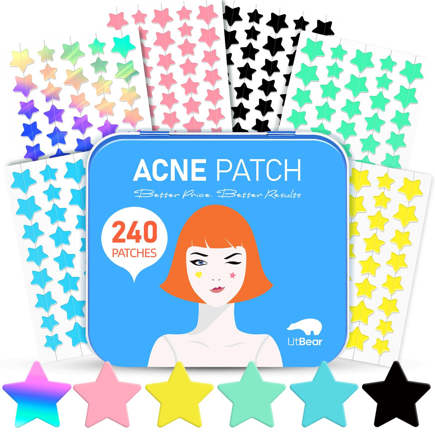 LitBear Acne Patch Pimple Patch 6 Colors 240 Dots Star Pimple Patches with Tea T