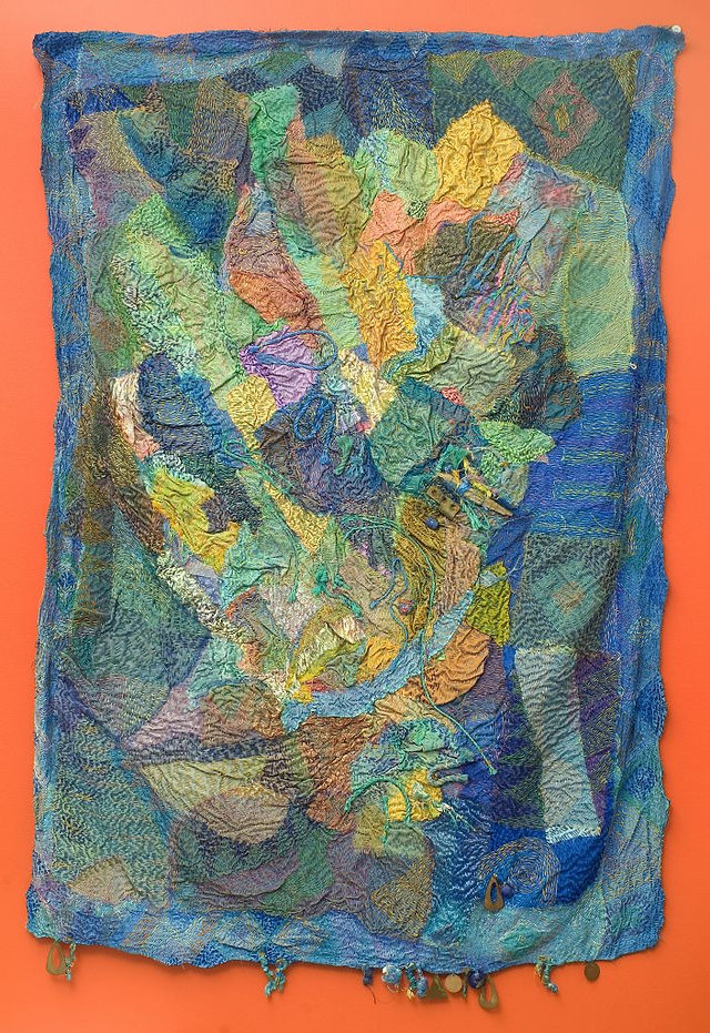 Julia Caparara | Prospero's Wedding Carpet, 2006 | Silk, cotton, metallic thread, embellishments | 51.5 x 36 inches  Warp and Weft, Chain Stitch and Pearl: Textiles in the Ahmanson Collection