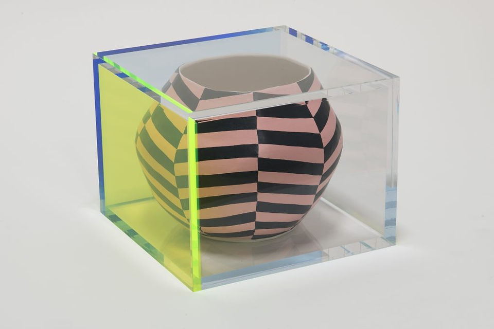 Athene Galiciadis | Untitled (Stool-Pink and Black and Blue Fluo and Yellow Fluo), 2015 | Mixed media | 27.17 x 22.83 x 16.54 inches  Define Gravity: Sculpture in the Ahmanson Collection