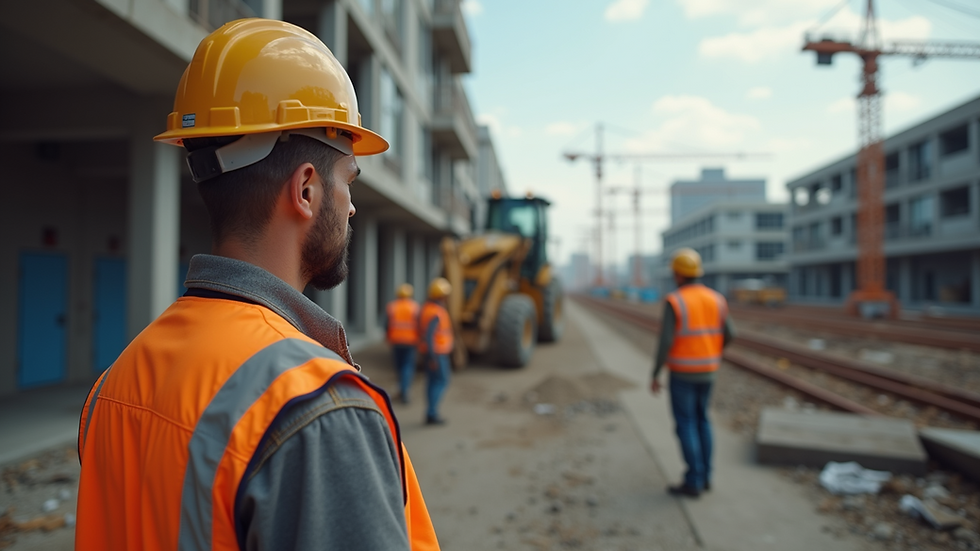 Close-up view of construction site with workers in safety gear