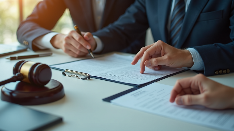 Close-up view of a construction lawyer discussing a contract with a client