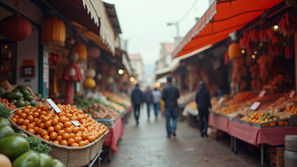 Eye-level view of a vibrant outdoor market filled with colorful stalls