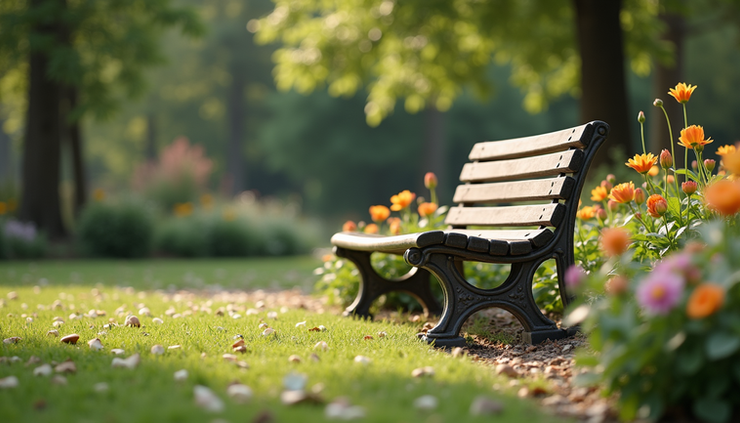 Eye-level view of a quiet garden bench surrounded by blooming flowers