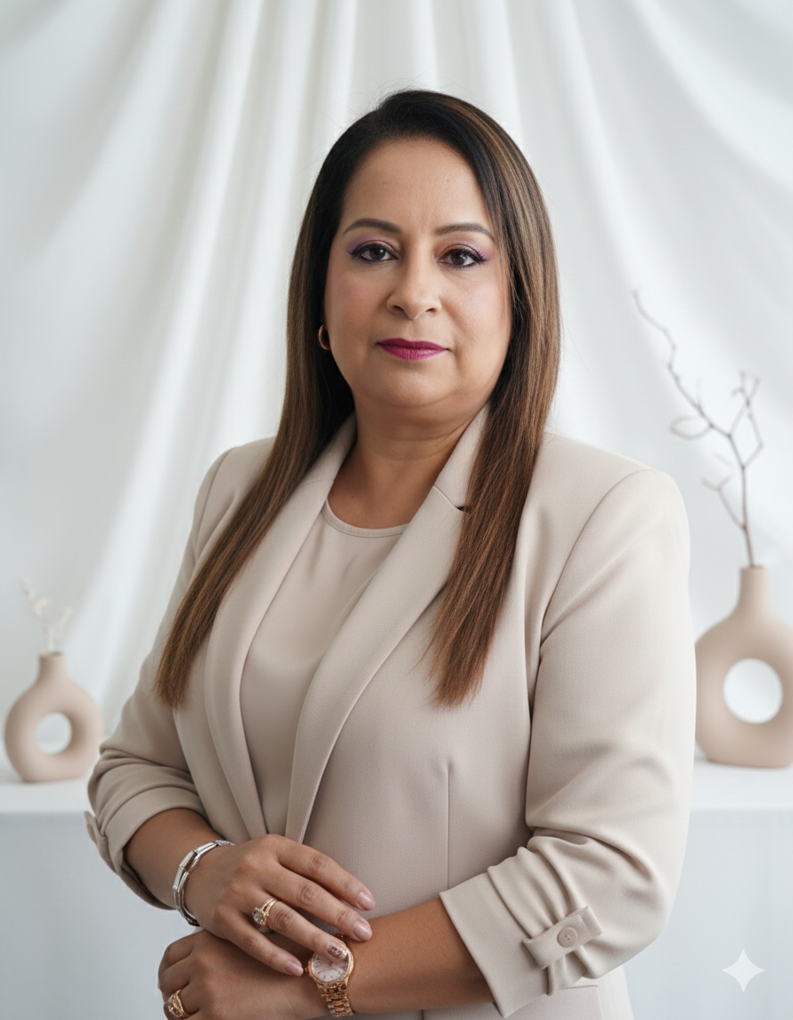 Foto de perfil profissional em estúdio claro, em formato vertical (portrait), com a terapeuta em primeiro plano, expressão serena e fundo neutro elegante.