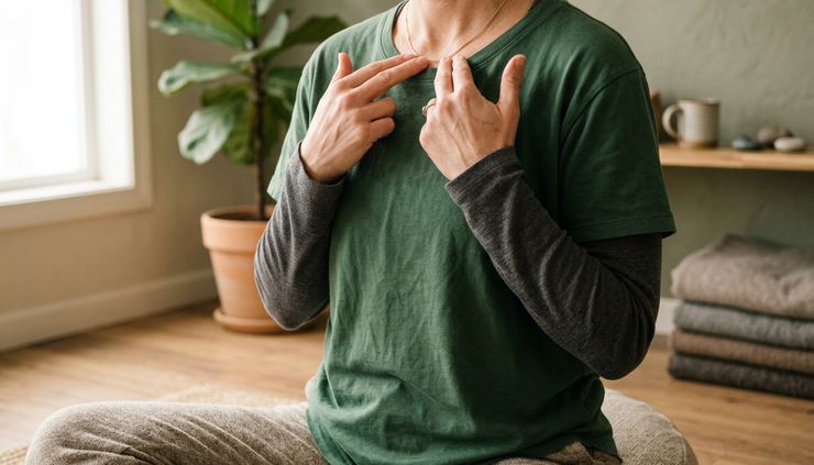Close-up view of hands gently tapping near a collarbone in a quiet room.