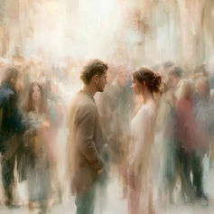A painting of a couple who meet eyes on a busy street.