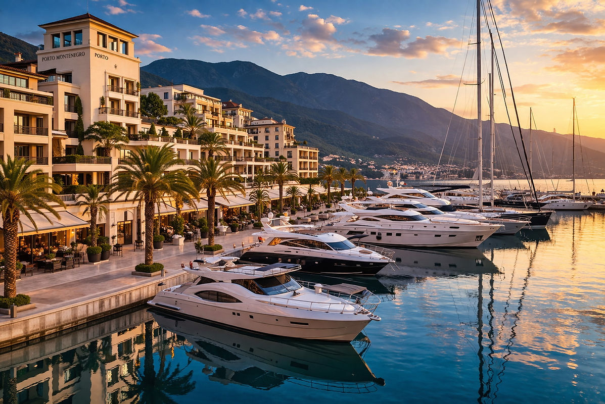 Porto Montenegro marina in Tivat with luxury yachts and waterfront promenade