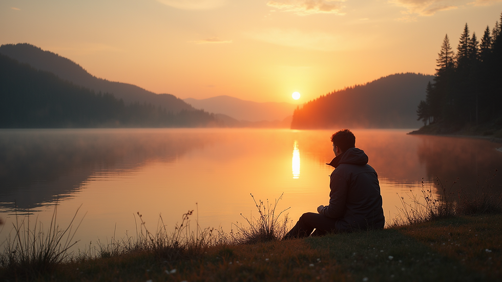 Eye-level view of a person sitting quietly by a calm lake at sunrise