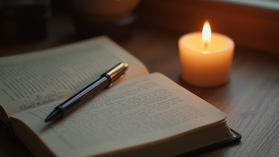 Close-up view of a journal and pen beside a softly glowing candle