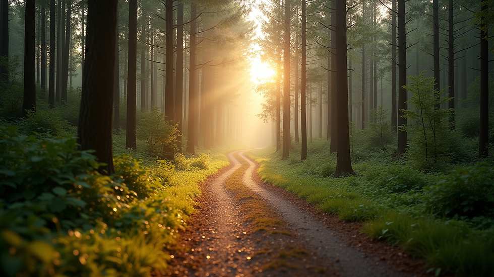 Eye-level view of a winding forest path bathed in soft morning light