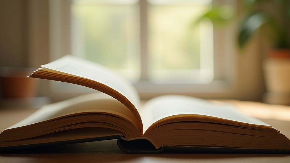 Close-up view of an open book with soft natural light