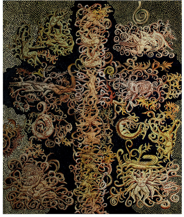 Mixed media painting by Venezuelan aritst Henry Bermudez has creatures and figures mixed in a vine mixed media cross.