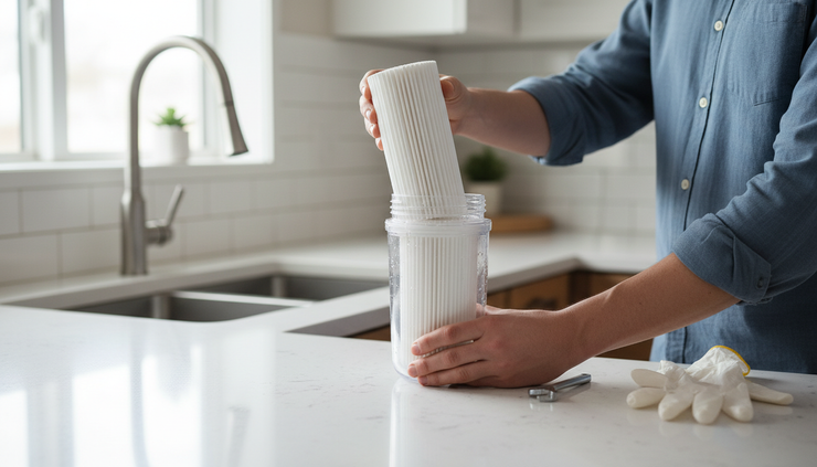 Close-up view of a hand replacing a water filter cartridge beside a kitchen sink.