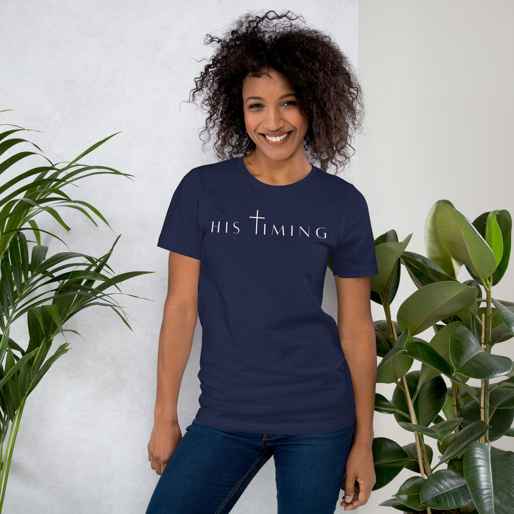 Front-facing navy women’s t-shirt with “His Timing” printed across the chest.