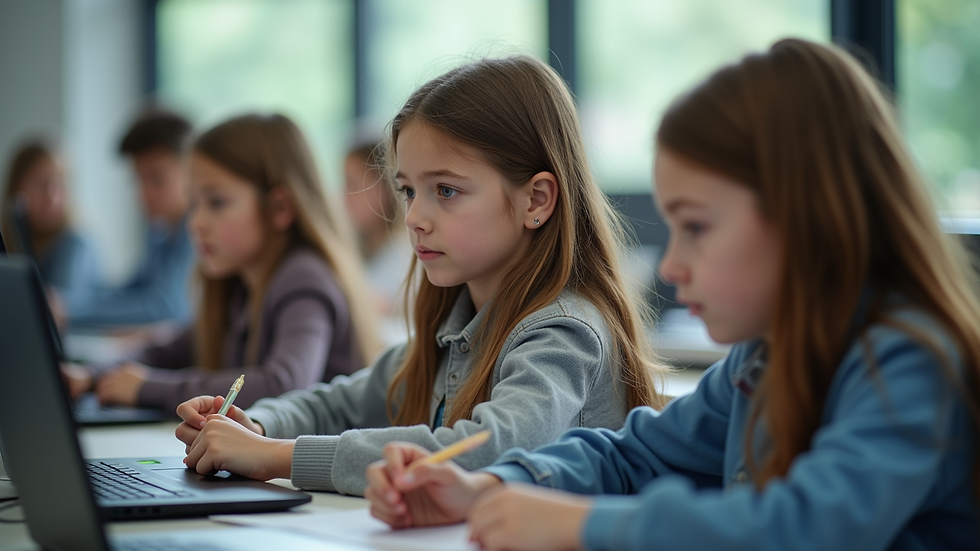 Eye-level view of a classroom filled with young girls engaged in digital learning