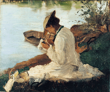 Femme cousant au bord de l''AIN