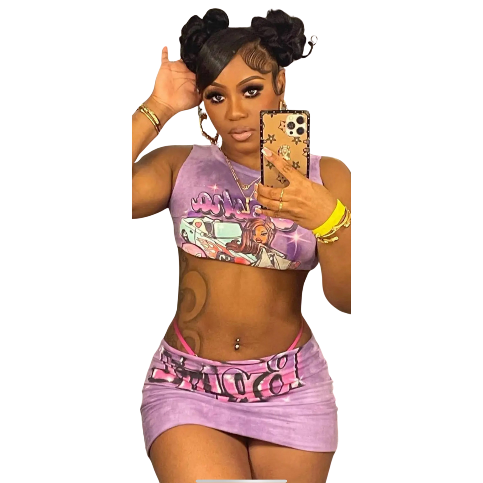 Trendy Two-piece Graffiti Letter Cartoon Print Mini Skirt