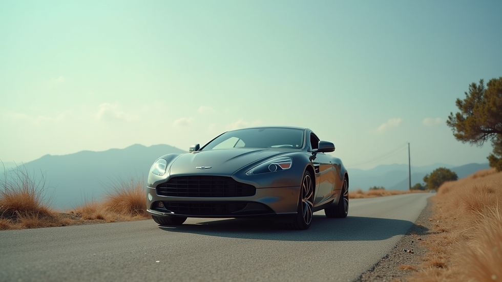 Eye-level view of a sleek rental car parked in a scenic location