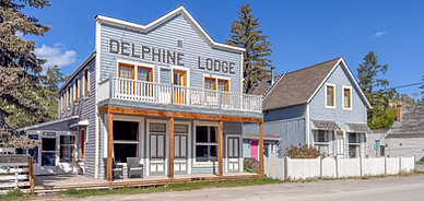 Exterior of The Delphine Lodge, a historical 1899 building on the main street of Wilmer, BC