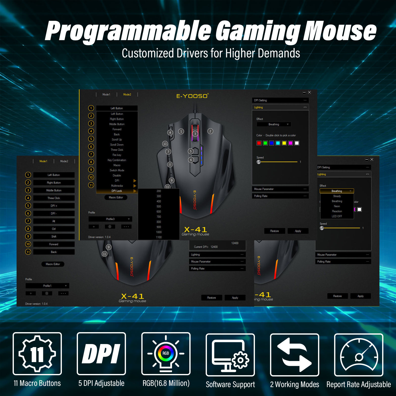 Ergonomic Wired Gaming Mouse, 5-Level DPI, Programmable Driver, Ergonomic, for W