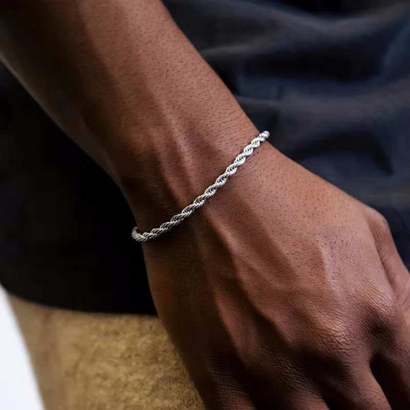 925 Sterling Silver Unisex 4mm Rope Chain Bracelets for Men Women Twisted Links